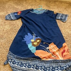 Soft surroundings, blue and white patterned dress with bell sleeves